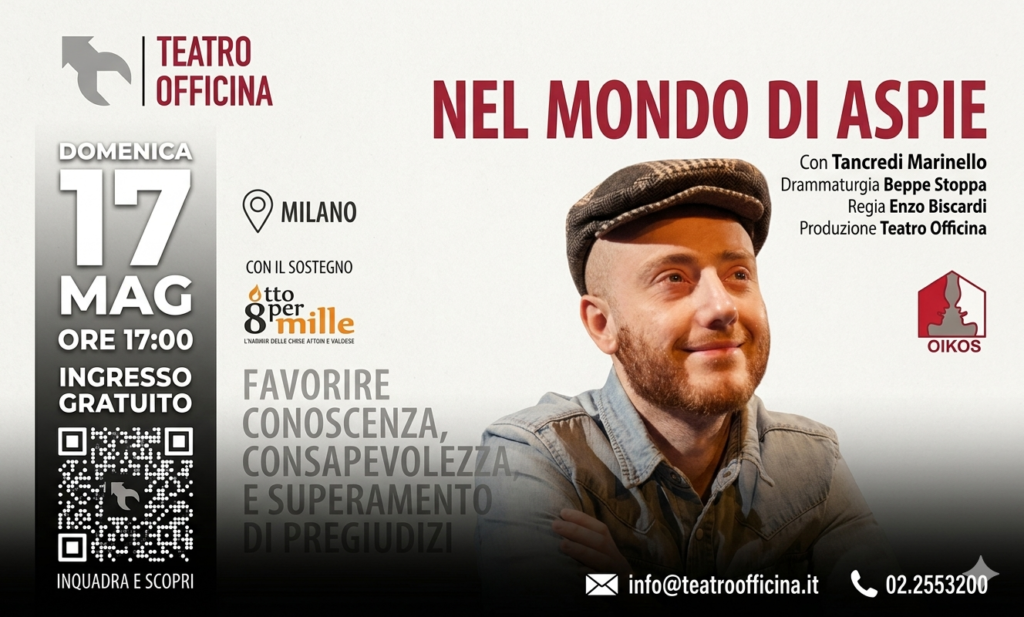 Locandina dello spettacolo Nel mondo di Aspie al Teatro Officina di Milano, domenica 17 maggio, con il ritratto del protagonista.